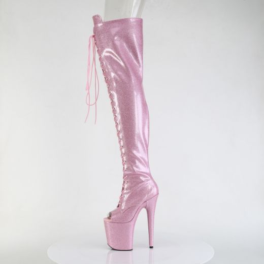 Product image of Pleaser FLAMINGO-3021GP B. Pink Glitter Pat/M 8 Inch Heel 4 Inch PF Peep Toe Lace-Up Thigh Boot Side Zip
