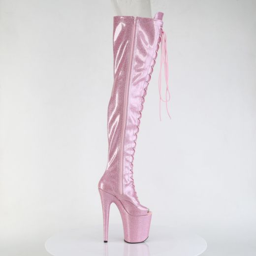 Product image of Pleaser FLAMINGO-3021GP B. Pink Glitter Pat/M 8 Inch Heel 4 Inch PF Peep Toe Lace-Up Thigh Boot Side Zip