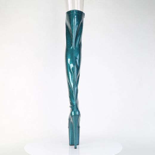 Product image of Pleaser FLAMINGO-3021GP Teal Glitter Pat/M 8 Inch Heel 4 Inch PF Peep Toe Lace-Up Thigh Boot Side Zip