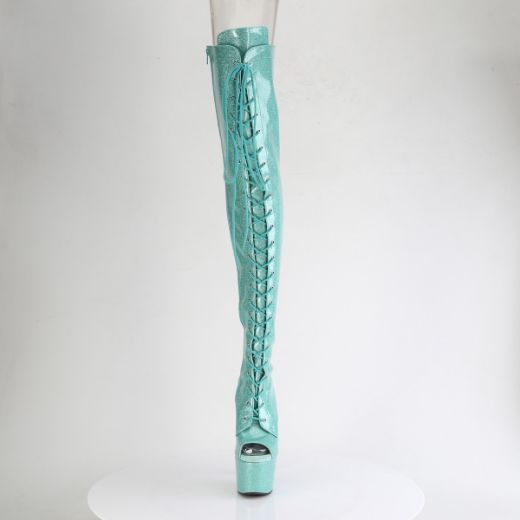 Product image of Pleaser ADORE-3021GP Aqua Glitter Pat/M 7 Inch Heel 2 3/4 Inch PF Peep Toe Lace-Up Thigh Boot Side Zip
