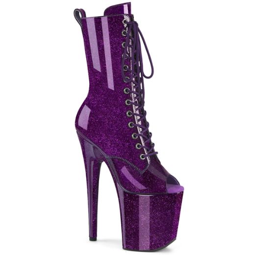 Product image of Pleaser FLAMINGO-1041GP Purple Glitter Pat/M 8 Inch Heel 4 Inch PF Peep Toe Lace-Up Ankle Boot Side Zip