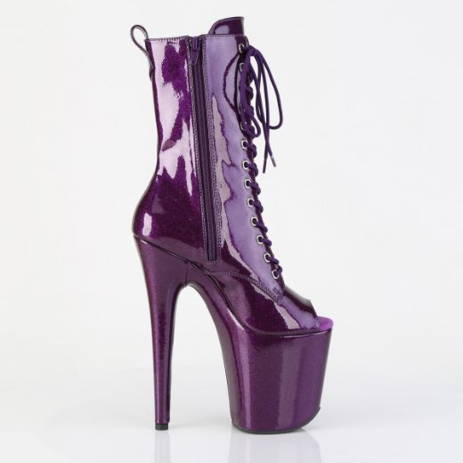 Product image of Pleaser FLAMINGO-1041GP Purple Glitter Pat/M 8 Inch Heel 4 Inch PF Peep Toe Lace-Up Ankle Boot Side Zip