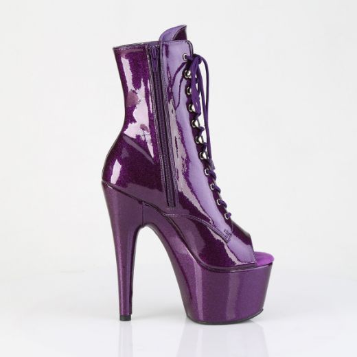 Product image of Pleaser ADORE-1021GP Purple Glitter Pat/M 7 Inch Heel 2 3/4 Inch PF Peep Toe Lace-Up Ankle Boot Side Zip