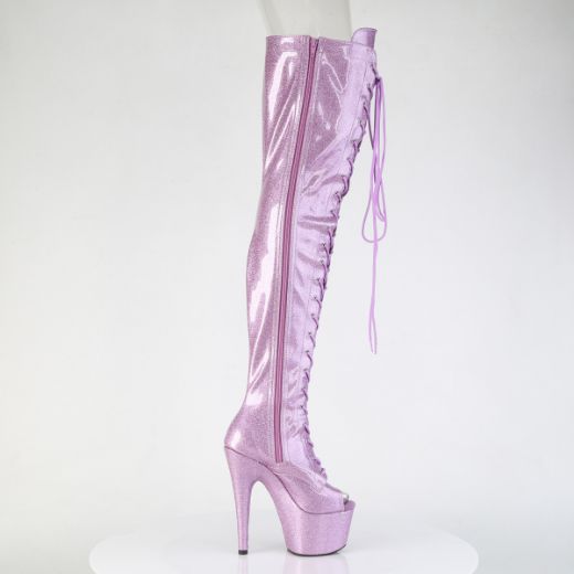 Product image of Pleaser ADORE-3021GP Lilac Glitter Pat/M 7 Inch Heel 2 3/4 Inch PF Peep Toe Lace-Up Thigh Boot Side Zip