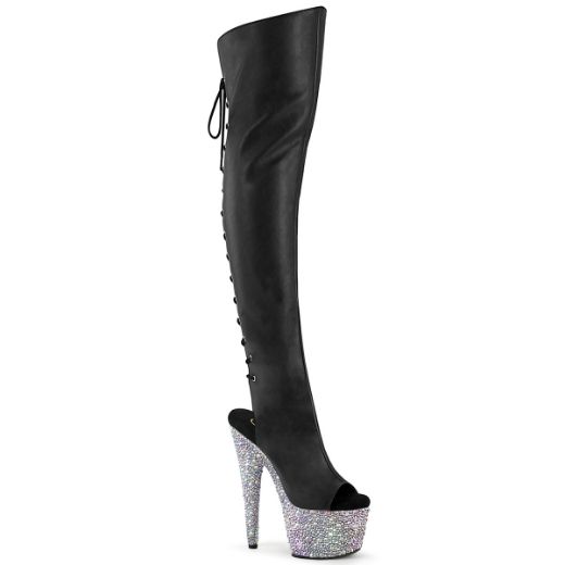 Product image of Pleaser BEJEWELED-3019MS-7 Blk Faux Leather/Slv AB RS 7 Inch Heel 2 3/4 Inch PF Open Toe/Back Over-The-Knee Boot w/RS