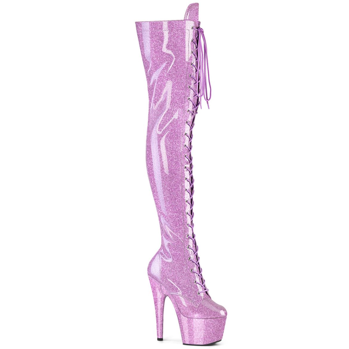 Product image of Pleaser ADORE-3020GP Lilac Glitter Pat/M 7 Inch Heel 2 3/4 Inch PF Lace-Up Front Thigh Boot Side Zip