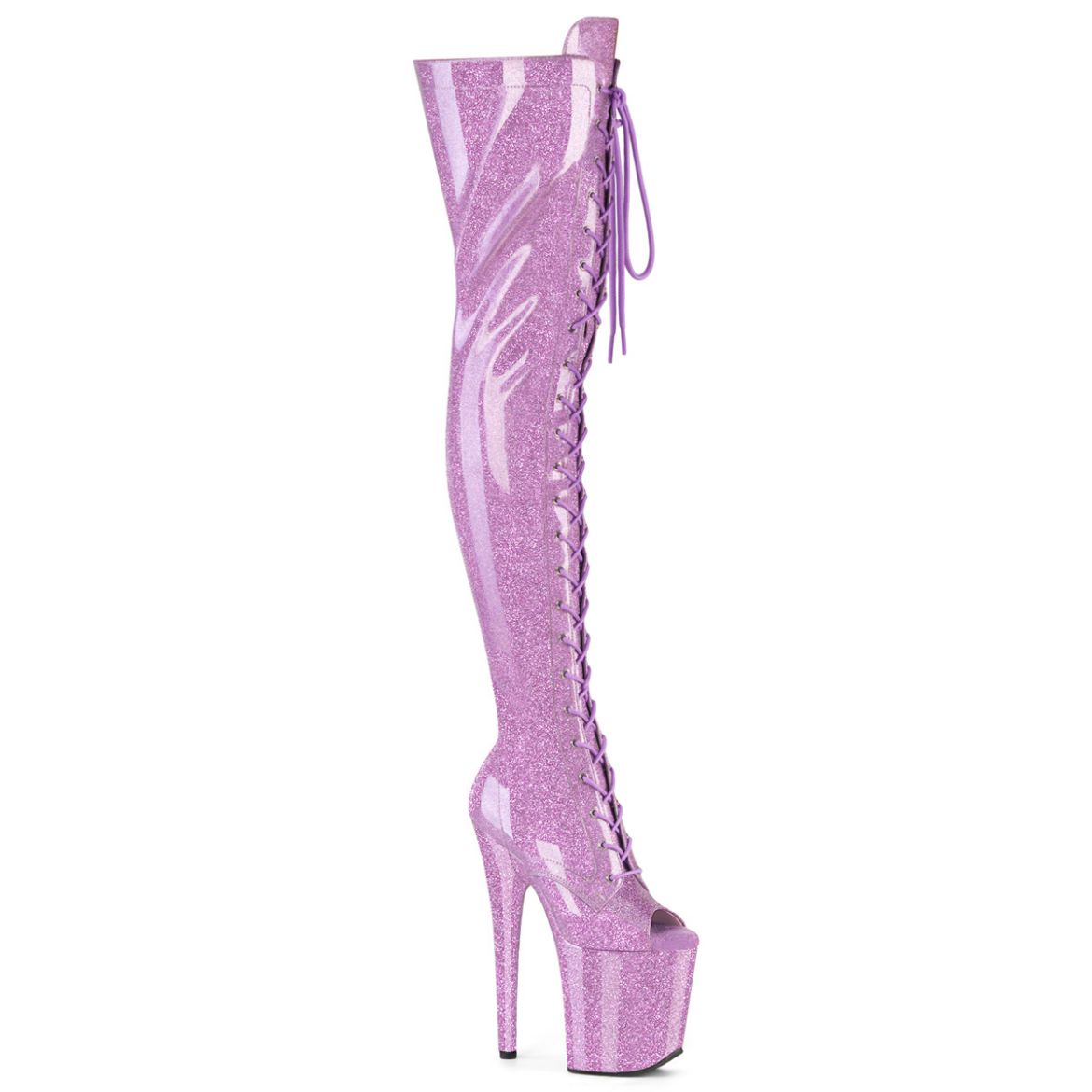 Product image of Pleaser FLAMINGO-3021GP Lilac Glitter Pat/M 8 Inch Heel 4 Inch PF Peep Toe Lace-Up Thigh Boot Side Zip