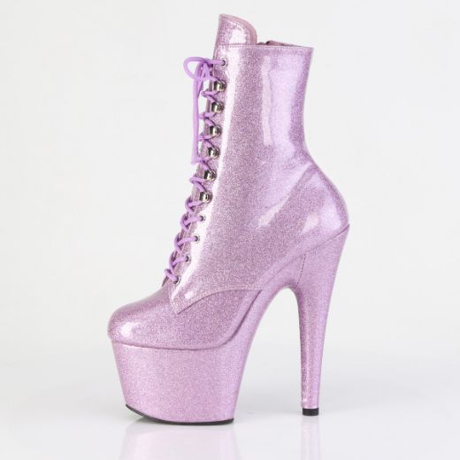 Product image of Pleaser ADORE-1020GP Lilac Glitter Pat/M 7 Inch Heel 2 3/4 Inch PF Lace-Up Front Ankle Boot Side Zip