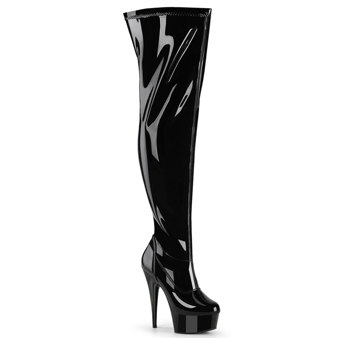 Product image of Pleaser DELIGHT-3000WCF Blk Str. Pat/Blk 6 Inch  Heel 1 3/4 Inch PF Wide Calf Stretch Thigh Boot Side Zip