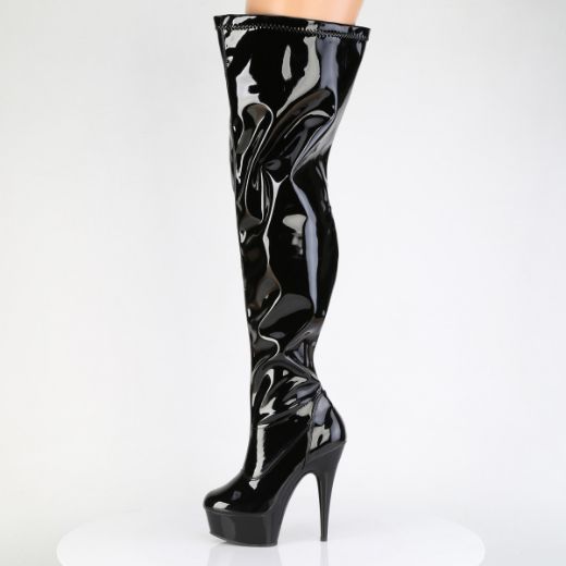 Product image of Pleaser DELIGHT-3000WCF Blk Str. Pat/Blk 6 Inch  Heel 1 3/4 Inch PF Wide Calf Stretch Thigh Boot Side Zip