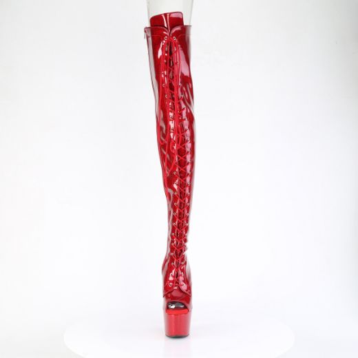 Product image of Pleaser ADORE-3021GP Red Glitter Pat/M 7 Inch Heel 2 3/4 Inch PF Peep Toe Lace-Up Thigh Boot Side Zip