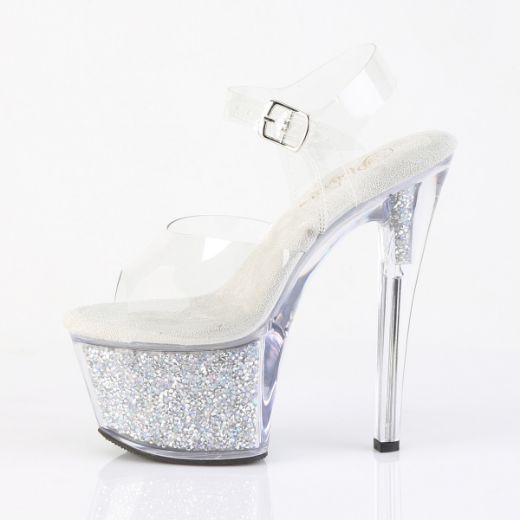 Product image of Pleaser SKY-308RSI Clr/Clr-Slv AB RS 7 Inch Heel 2 3/4 Inch PF Ankle Strap Sandal w/RS Inserts