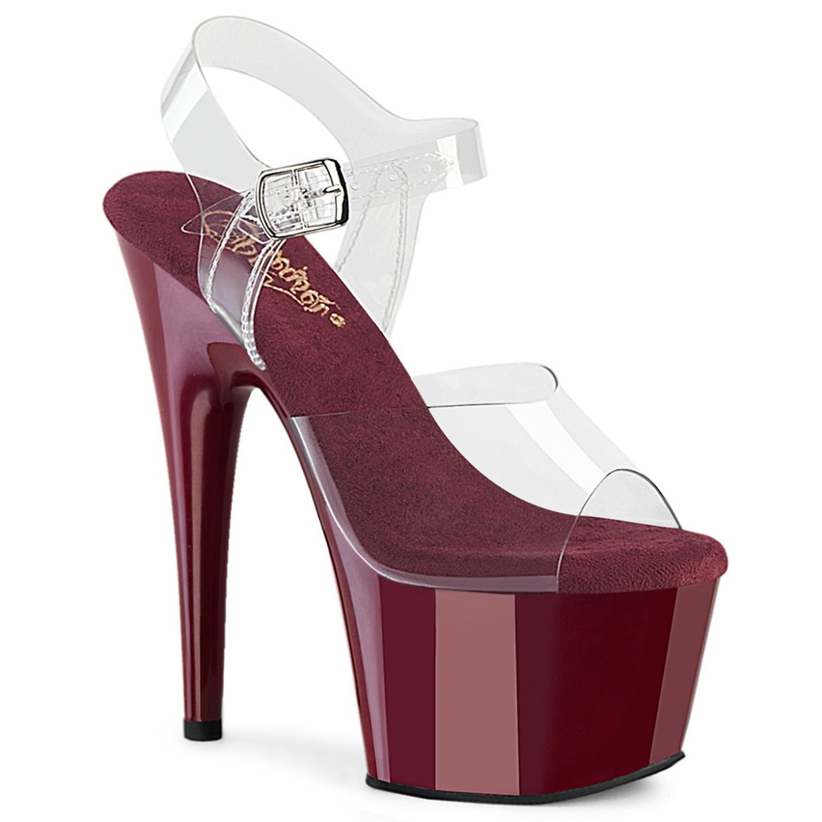 Product image of Pleaser ADORE-708 Clr/Burgundy 7 Inch Heel 2 3/4 Inch PF Ankle Strap Sandal