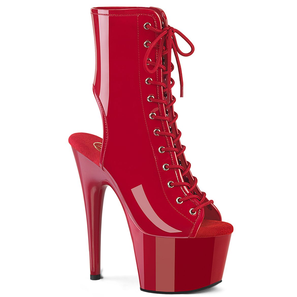 Product image of Pleaser ADORE-1016 Red Pat/Red 7 Inch Heel 2 3/4 Inch PF Open Toe/Heel Ankle Boot Side Zip