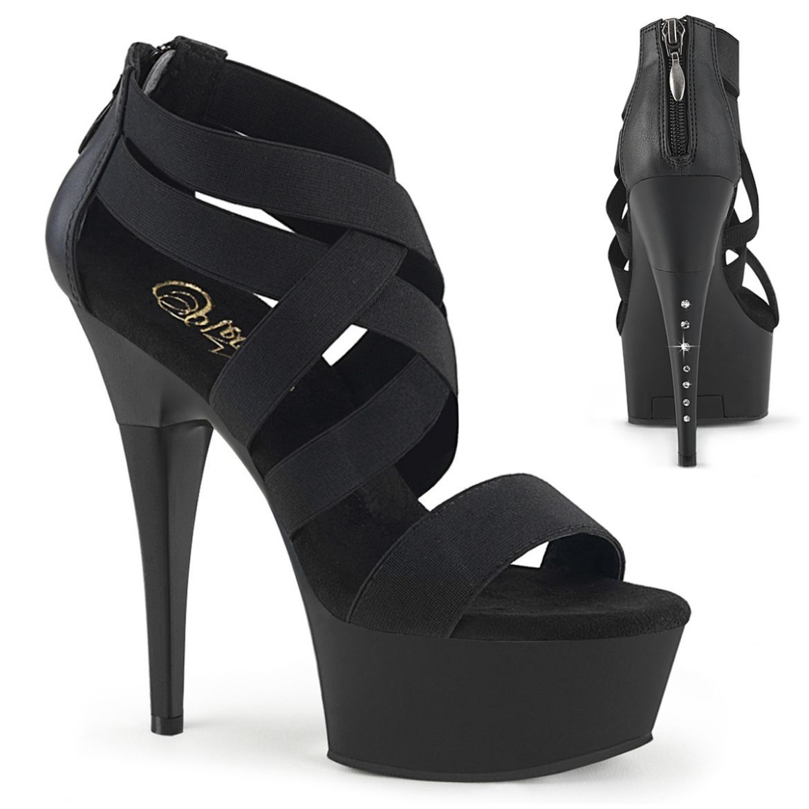 Product image of Pleaser CAPTIVA-669 Blk Elastic Band-Faux Leather/Blk Matte 6 Inch Heel 1 3/4 Inch PF Criss Cross Sandal w/ RS on Heel
