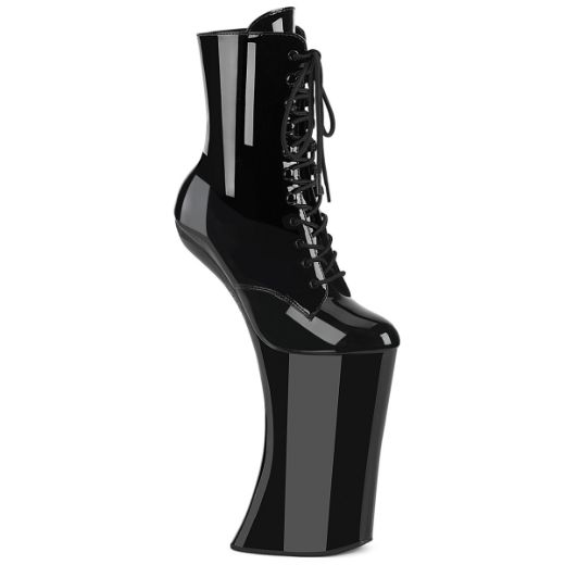 Product image of Pleaser FORBIDDEN-1020 Blk Pat/Blk 11 Inch Heelless 6 1/4 Inch PF Lace-Up Front Ankle Boot Inside Zip