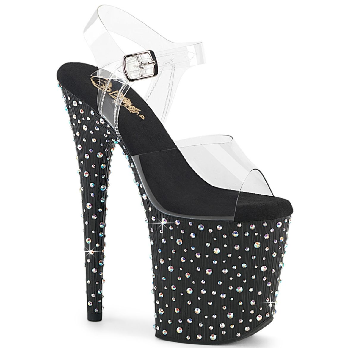 Product image of Pleaser STARDANCE-808 Clr/Blk-Slv Multi RS 8 Inch Heel 4 Inch PF Ankle Strap Sandal