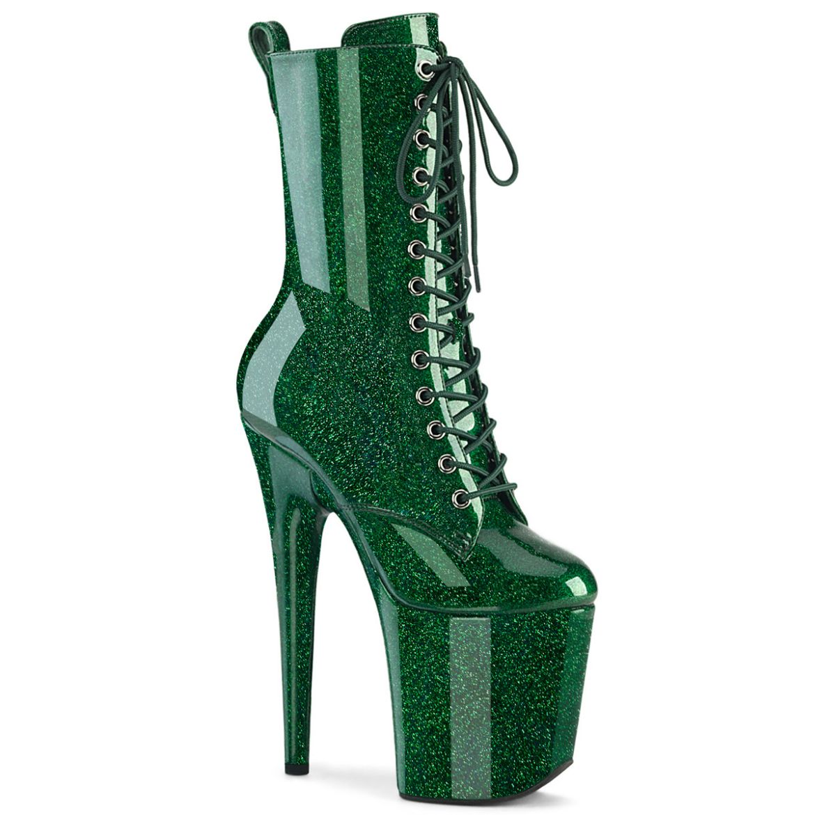 Product image of Pleaser FLAMINGO-1040GP Emerald Green Glitter Pat/M 8 Inch Heel 4 Inch PF Lace Up Front Ankle Boot Side Zip