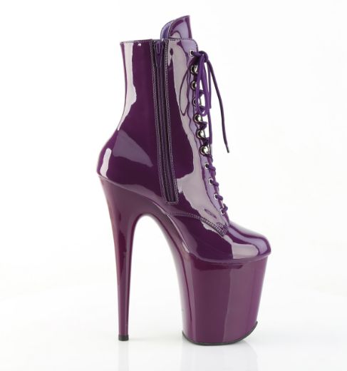 Product image of Pleaser FLAMINGO-1020 Purple Pat/Purple 8 Inch Heel 4 Inch PF Lace-Up Ankle Boot Side Zip