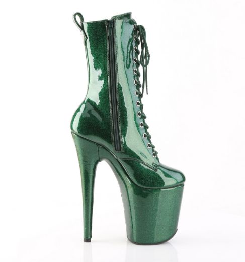 Product image of Pleaser FLAMINGO-1040GP Emerald Green Glitter Pat/M 8 Inch Heel 4 Inch PF Lace Up Front Ankle Boot Side Zip
