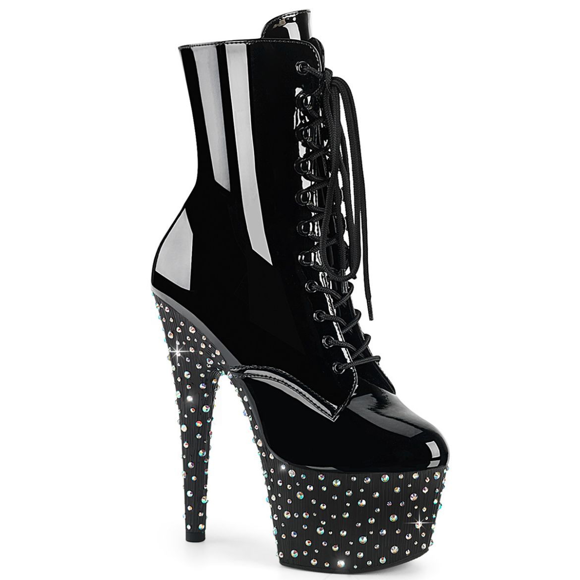 Product image of Pleaser STARDANCE-1020 Blk Pat/Blk-Slv Multi RS 7 Inch Heel 2 3/4 Inch PF Lace-Up Front Ankle Boot Side Zip