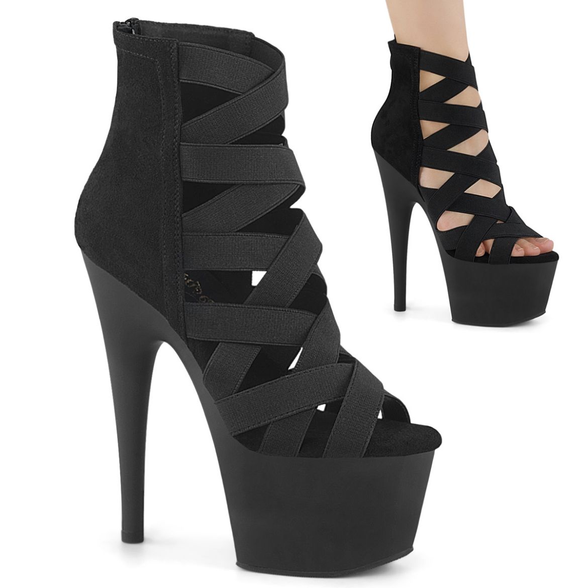 Product image of Pleaser ADORE-700-24 Blk Elastic Band-Microfiber/Blk Matte 7 Inch Heel 2 3/4 Inch PF Criss Cross Bootie Sandal Back Zip