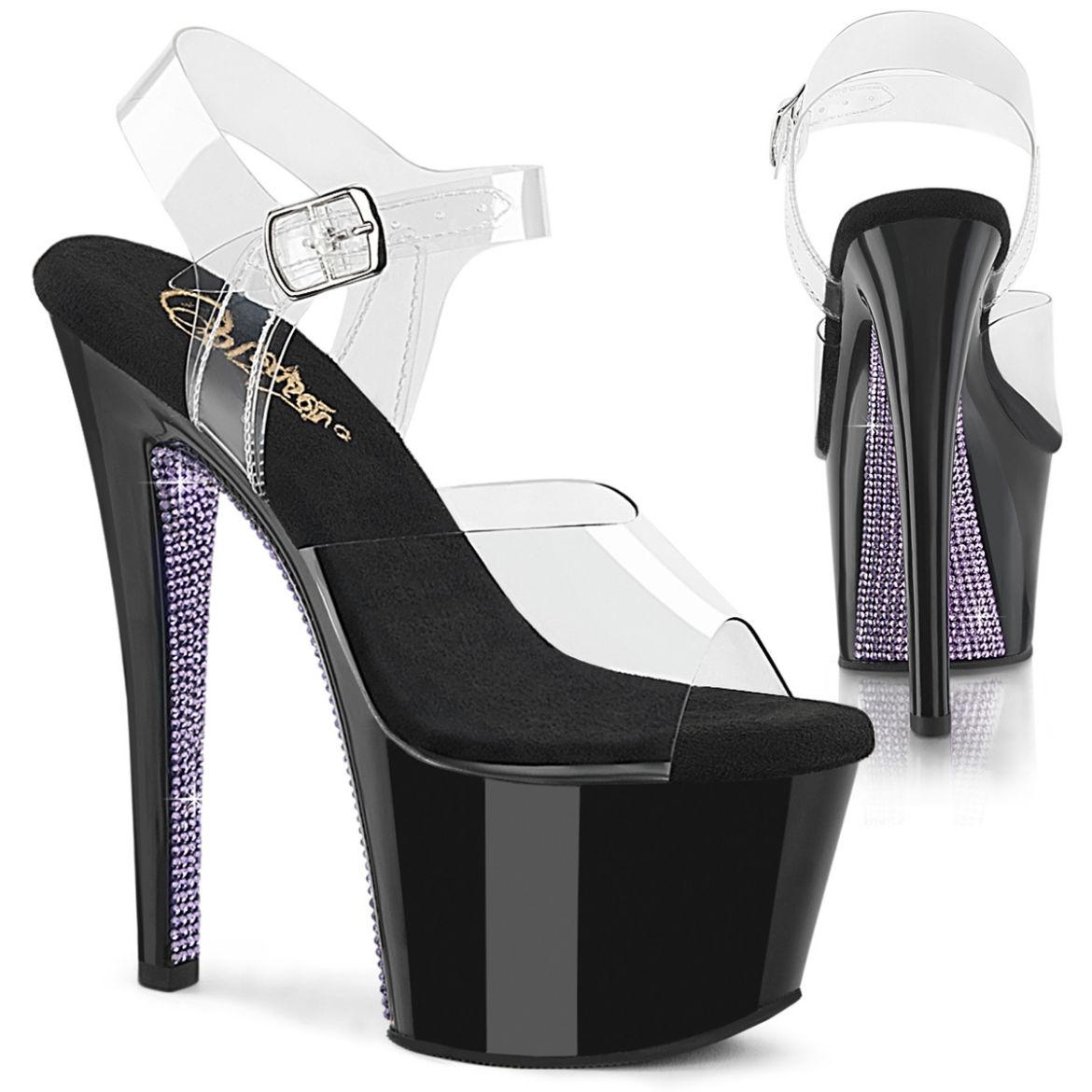 Product image of Pleaser SKY-308CRS Clr/Blk-Lavender RS 7 Inch Heel 2 3/4 Inch PF Ankle Strap Sandal
