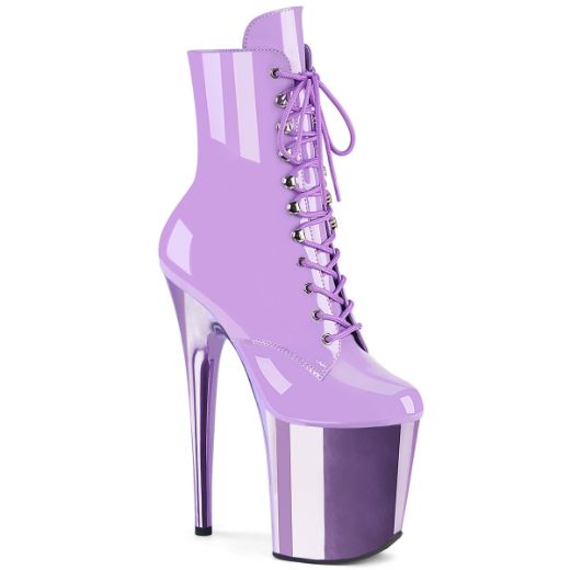 Product image of Pleaser FLAMINGO-1020 Lavender Pat/Lavender Chrome 8 Inch Heel 4 Inch PF Lace-Up Front Ankle Boot Side Zip