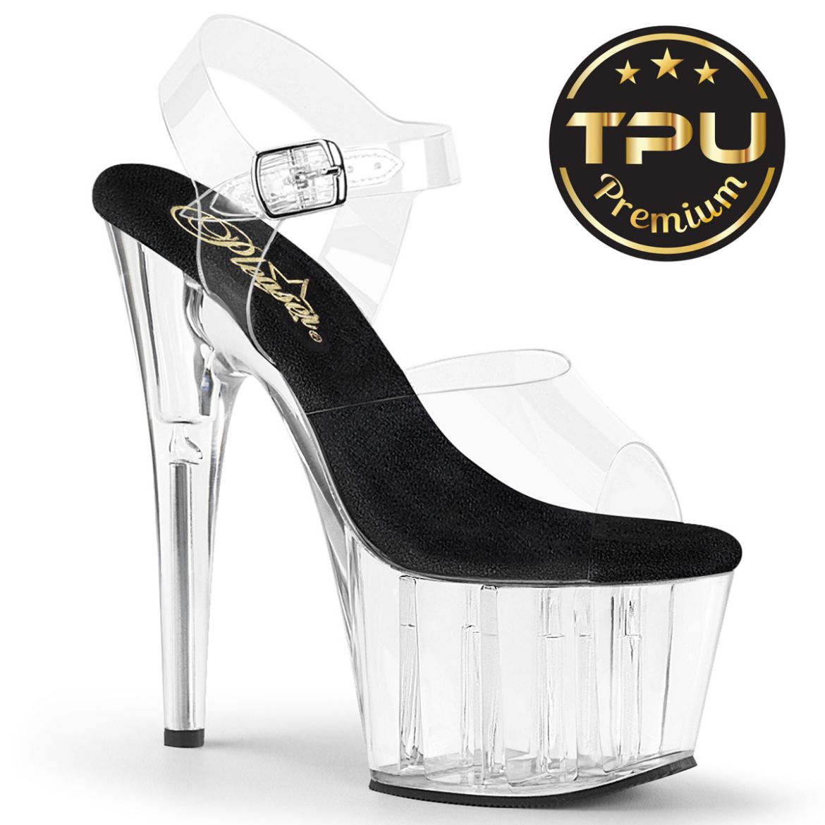 Product image of Pleaser ADORE-708PREM Clr TPU-Blk/Clr 7 Inch Heel 2 3/4 Inch PF Ankle Strap Sandal