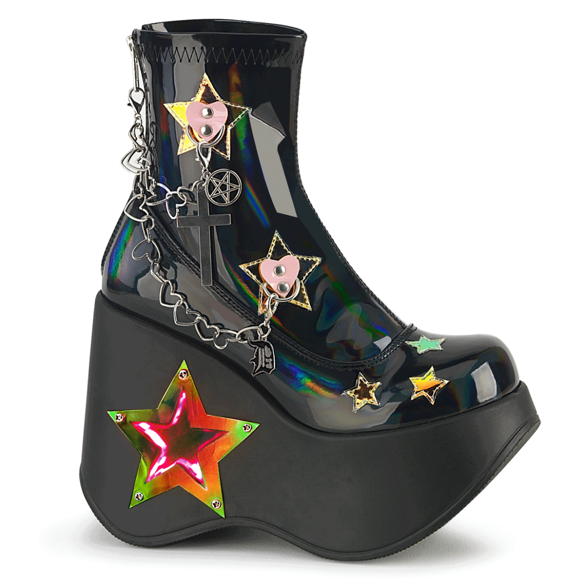 Product image of Demoniacult BLAZE-108 Blk Holo Pat 5 Inch Star Cutout Platform Wedge Ankle Boot Back Zip