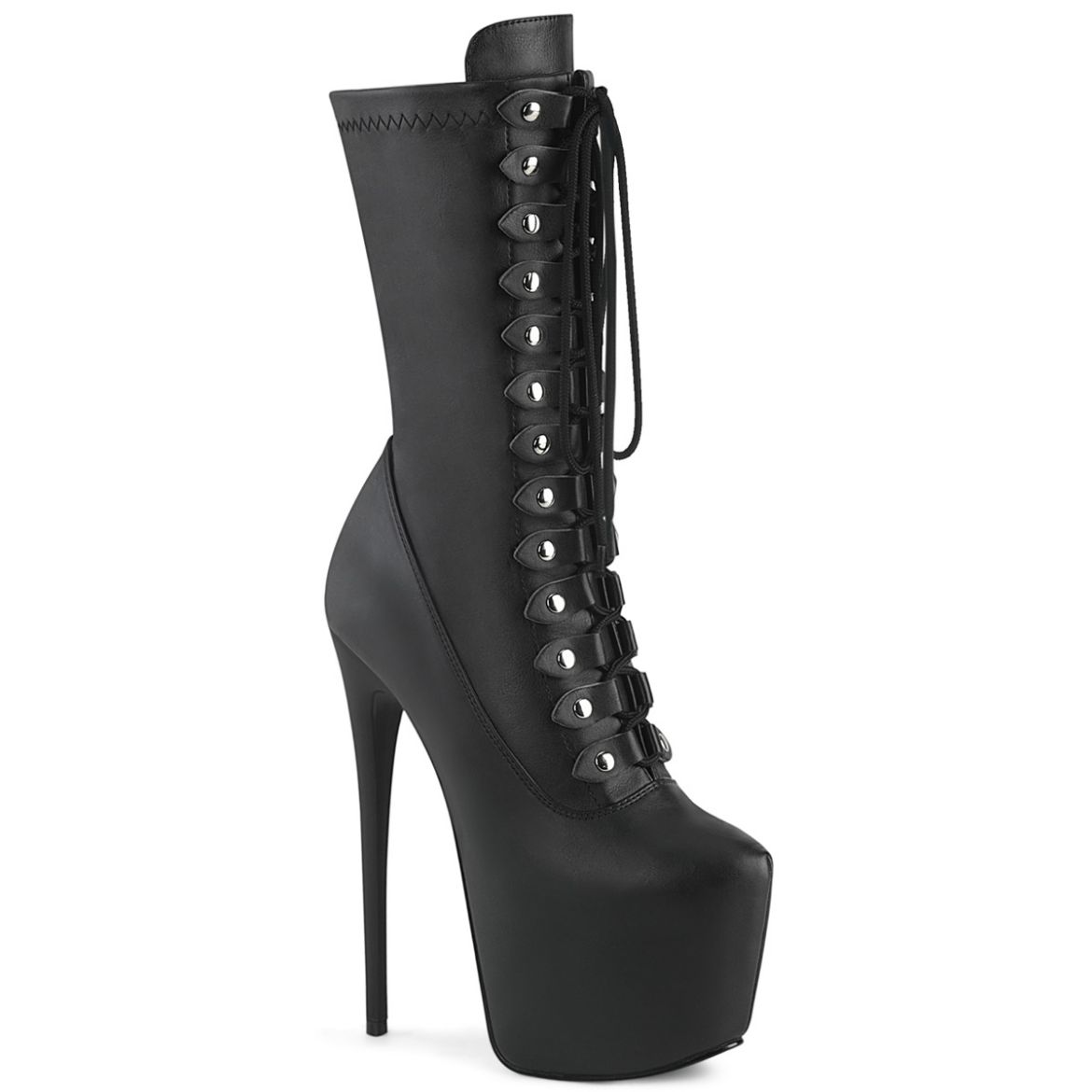 Product image of Pleaser JUBILANT-1048 Blk Str. Faux Leather 7 Inch Heel 3 Inch Concealed PF Lace-Up Mid Calf Boot Side Zip