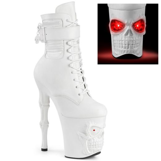 Product image of Pleaser RAPTURE-1020STR-LT Wht Faux Leather/Wht Matte 8 Inch Finger Bone Heel 4 Inch Skull PF LED Ankle Boot Side Zip