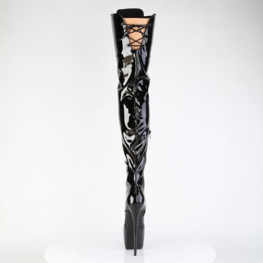 Product image of Pleaser JUBILANT-4012 Blk Str. Pat 7 Inch Heel 3 Inch Concealed PF Lace-Up Crotch Boot Side Zip