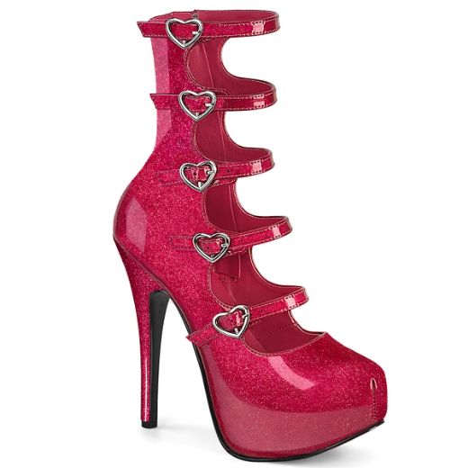 Product image of Bordello TEEZE-23 Fuchsia Glitter Pat 5 3/4 Inch Heel 5 Buckle Strapped Concealed Platform Bootie