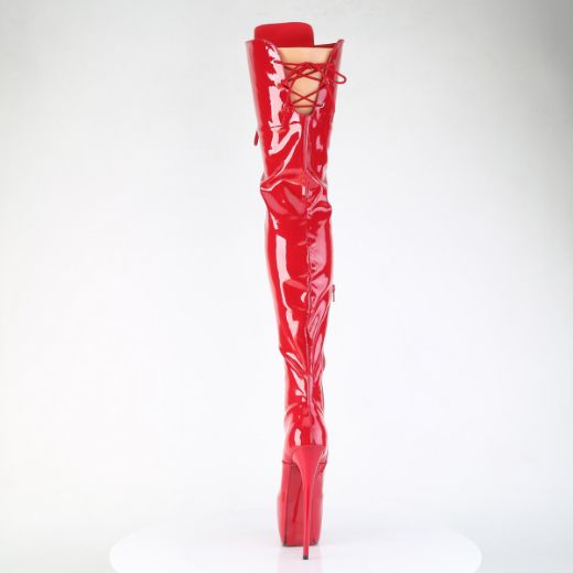 Product image of Pleaser JUBILANT-4012 Red Str. Pat 7 Inch Heel 3 Inch Concealed PF Lace-Up Crotch Boot Side Zip