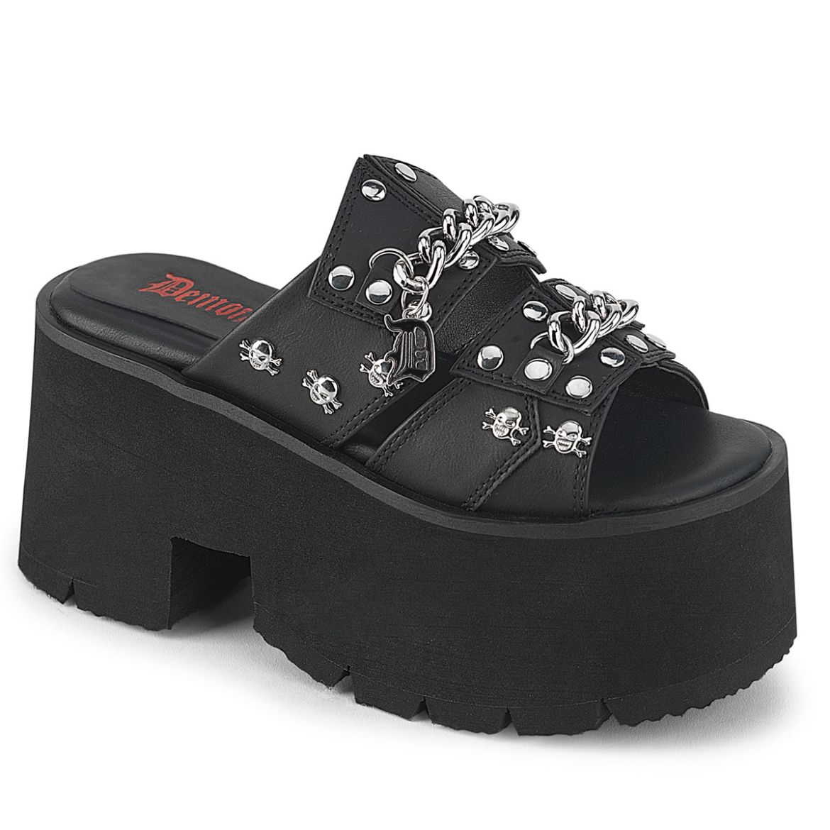Product image of Demoniacult ASHES-08 Blk Vegan Leather 3 1/2 Inch Chunky Heel 2 1/4 Inch Cut Out PF Slide Sandal