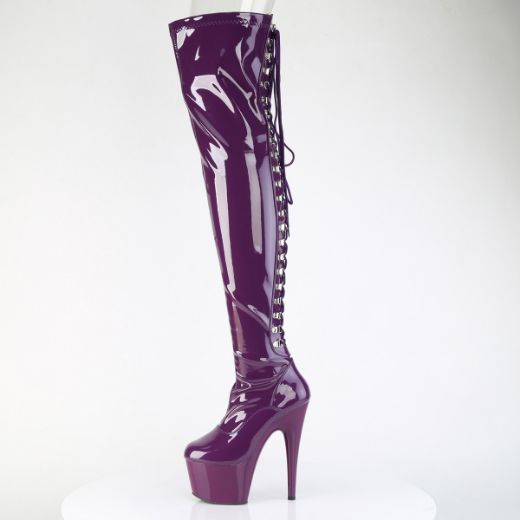 Product image of Pleaser ADORE-3063 Purple Str. Pat/Purple 7 Inch Heel 2 3/4 Inch PF Lace-Up Back Stretch Thigh Boot Side Zip