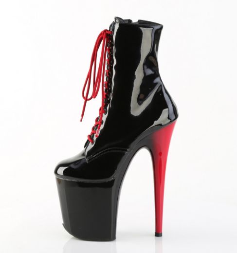 Product image of Pleaser FLAMINGO-1020 Blk Pat/Blk-Red 8 Inch Heel 4 Inch PF Lace-Up Ankle Boot Side Zip