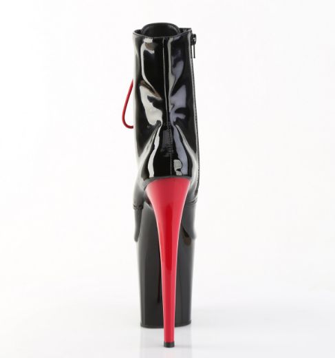 Product image of Pleaser FLAMINGO-1020 Blk Pat/Blk-Red 8 Inch Heel 4 Inch PF Lace-Up Ankle Boot Side Zip