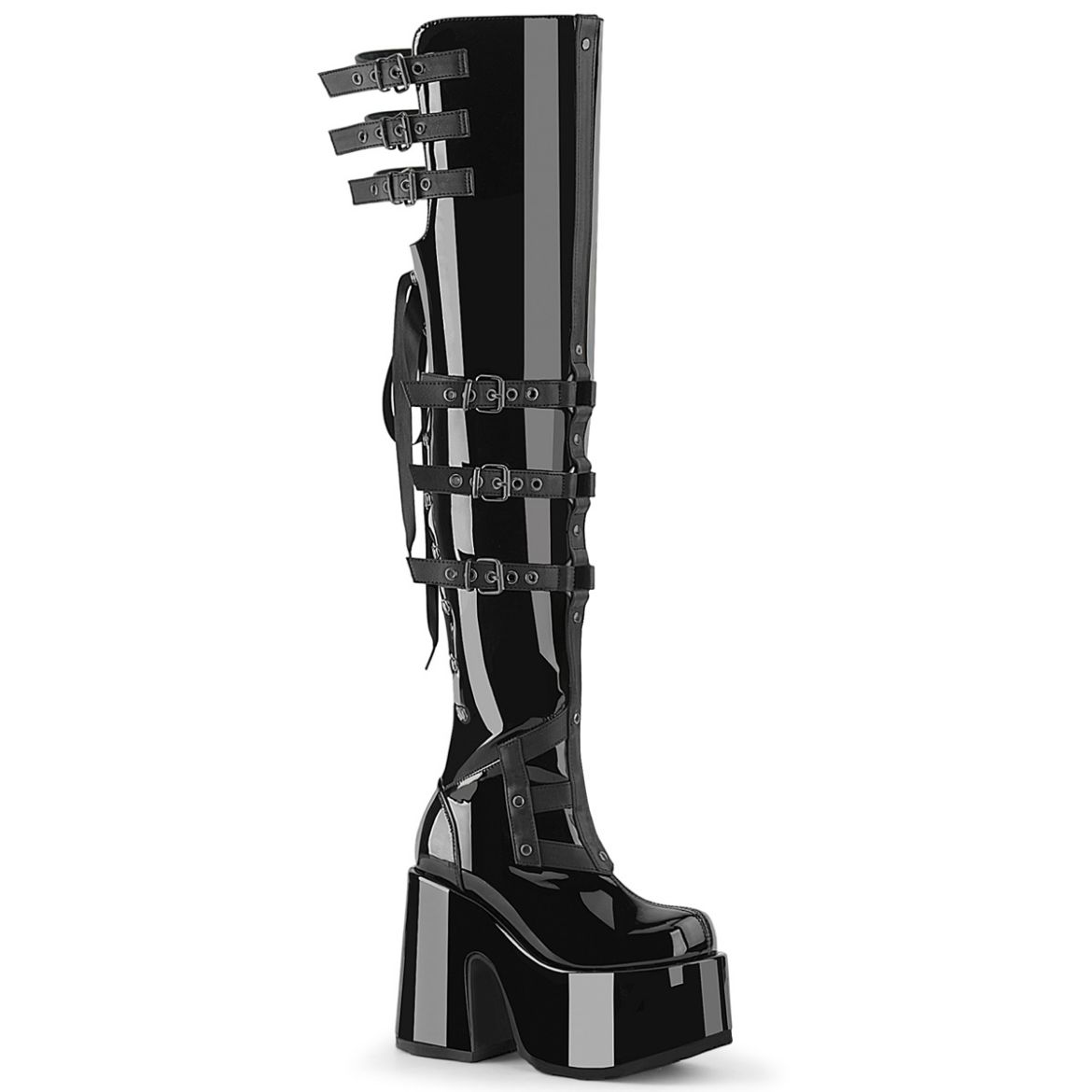 Product image of Demoniacult CAMEL-308 Blk Patent 5 Inch Chunky Heel 3 Inch PF Back Lace Thigh-High Boot Inside Zip