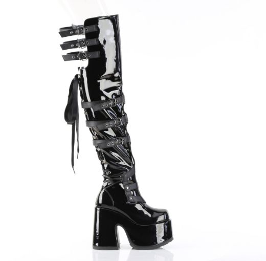 Product image of Demoniacult CAMEL-308 Blk Patent 5 Inch Chunky Heel 3 Inch PF Back Lace Thigh-High Boot Inside Zip