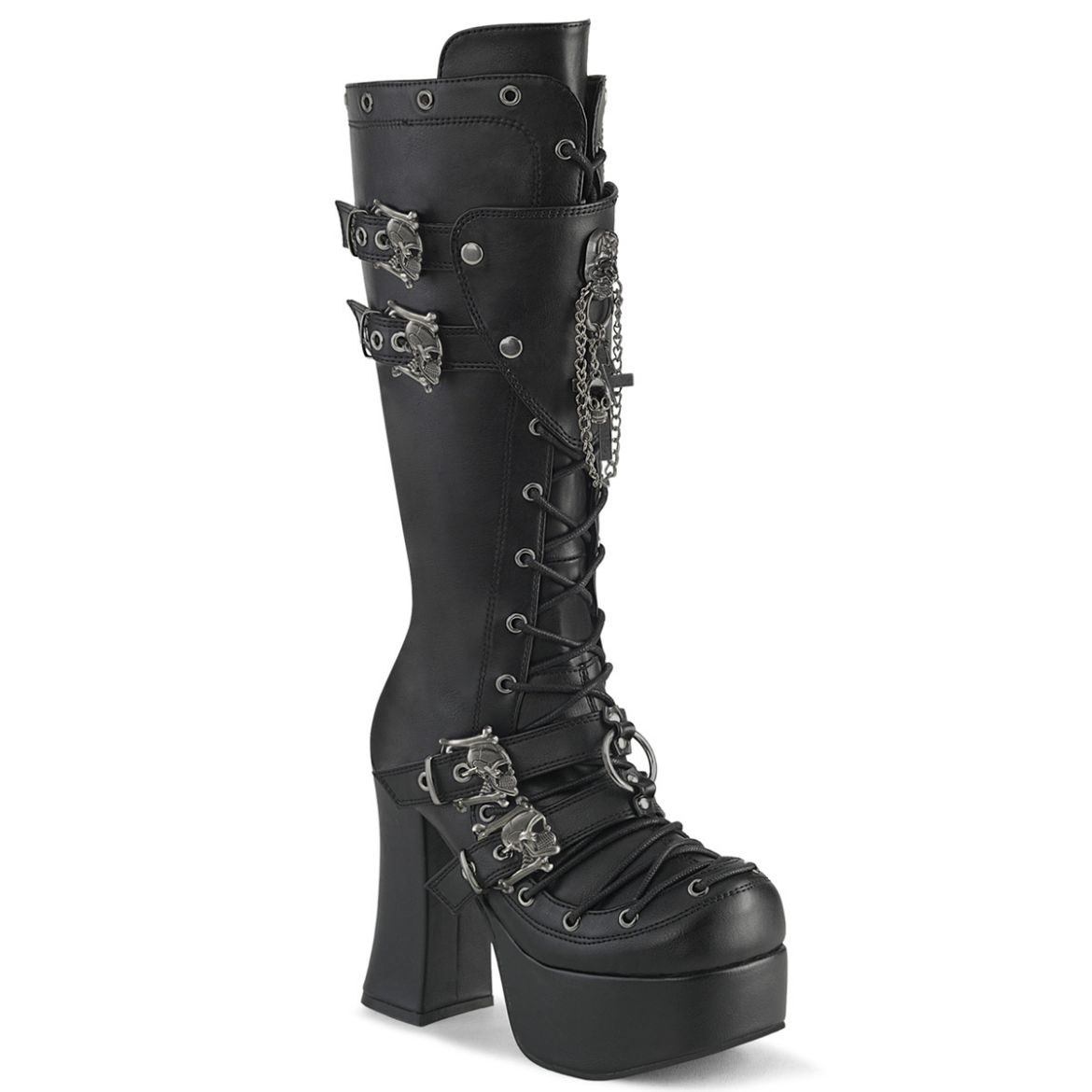 Product image of Demoniacult CHARADE-230 Blk Vegan Leather 4 1/2 Inch Heel 2 Inch PF Lace-Up Front Knee High Boot Inside Zip