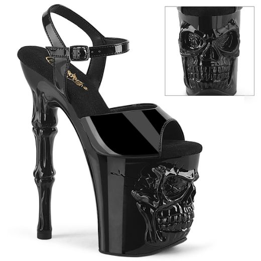 Product image of Pleaser RAPTURE-809 Blk Pat/Blk 8 Inch Finger Bone Heel 4 Inch Skull PF Ankle Strap Sandal