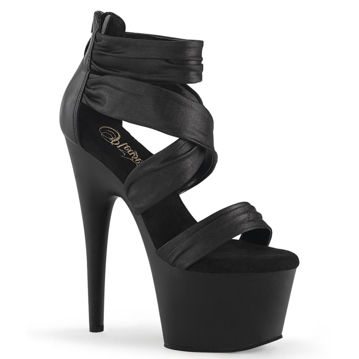 Product image of Pleaser ADORE-720 Blk Faux Leather-Fabric/Blk Matte 7 Inch Heel 2 3/4 Inch PF Ruched Ankle Strap Sandal Back Zip