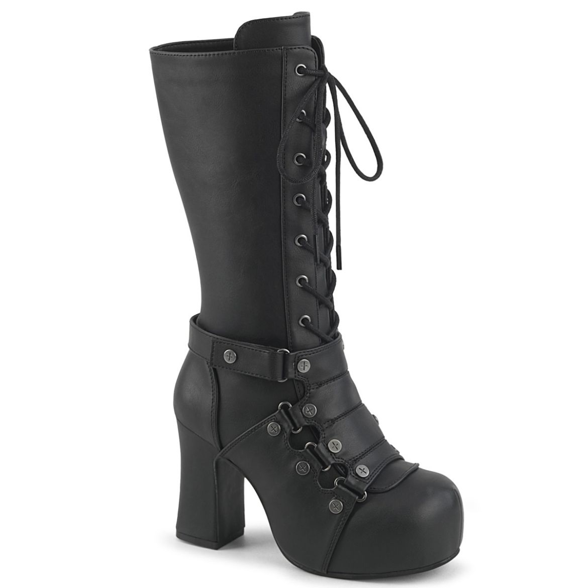 Product image of Demoniacult GOTHIKA-152 Blk Vegan Leather 3 3/4 Inch Heel 1 1/4 Inch PF Mid-Calf Boot Side Zip