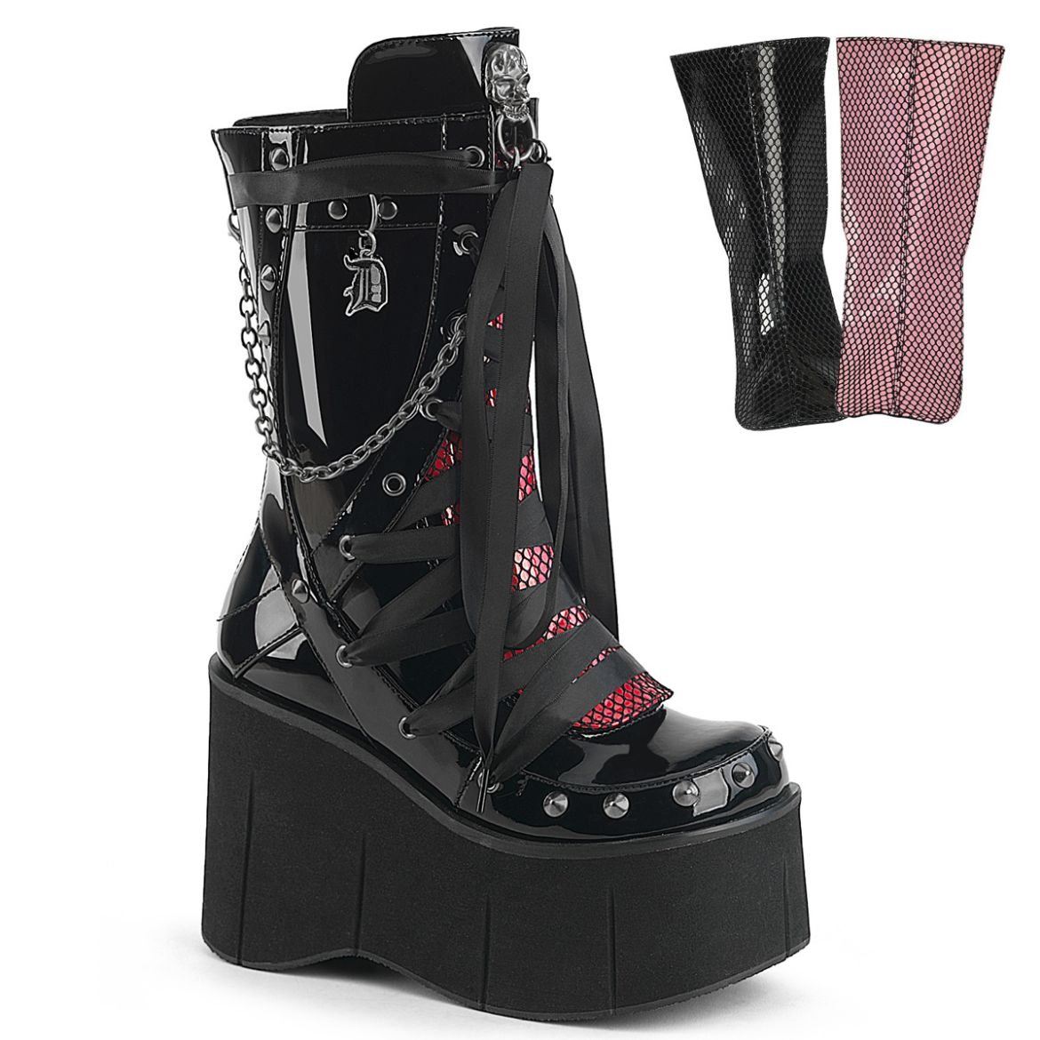 Product image of Demoniacult KERA-121 Blk Pat 4 1/2 Inch Platform Lace-Up Mid-Calf Boot Back Zip