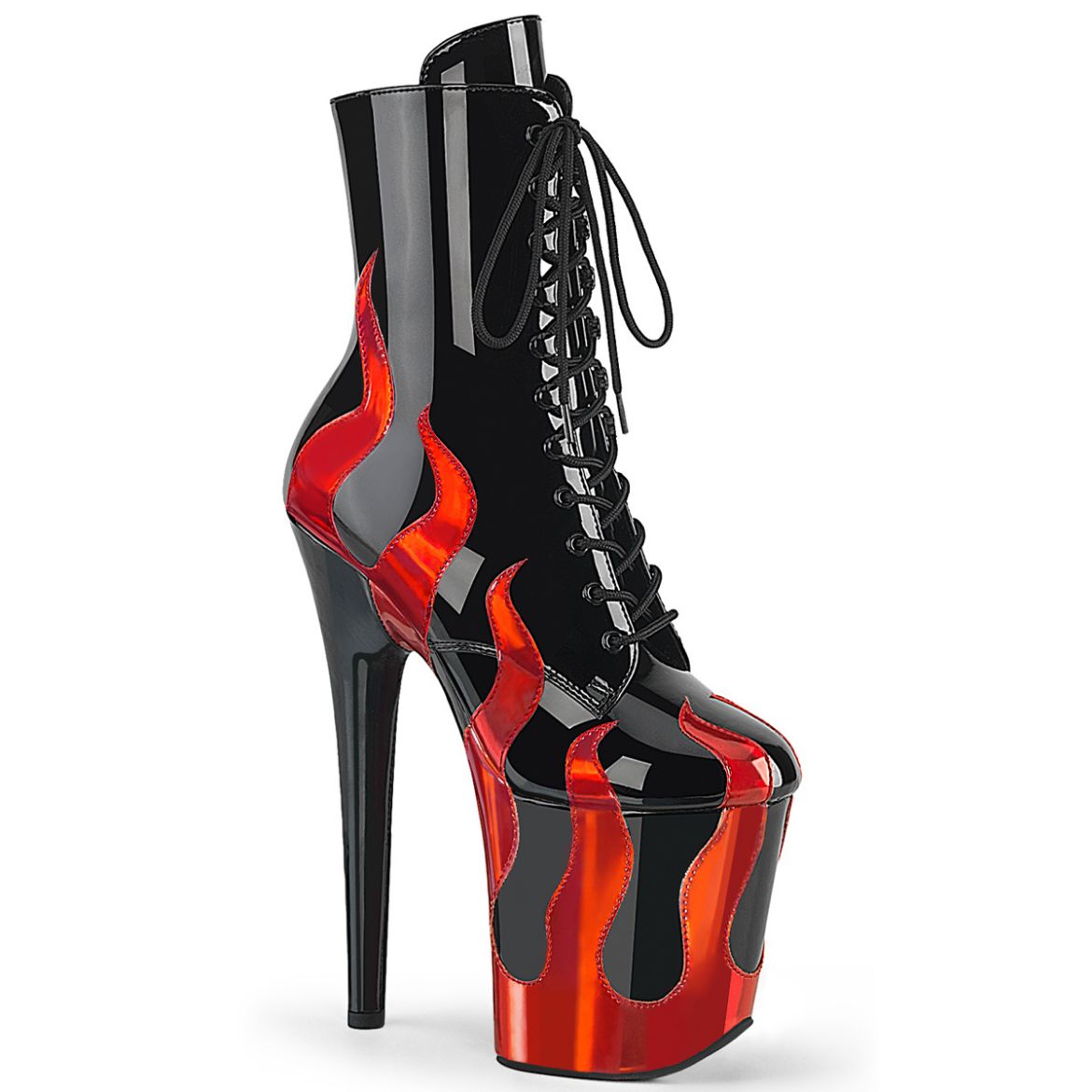 Product image of Pleaser FLAMINGO-1020FLM Blk Pat-Red Metallic Pu/Blk-Red Metallic Pu 8 Inch Heel 4 Inch PF Lace-Up Front Ankle Boot Side Zip