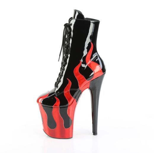 Product image of Pleaser FLAMINGO-1020FLM Blk Pat-Red Metallic Pu/Blk-Red Metallic Pu 8 Inch Heel 4 Inch PF Lace-Up Front Ankle Boot Side Zip