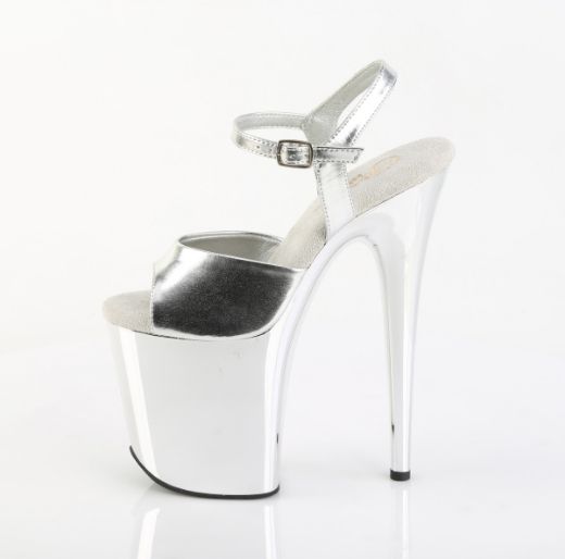 Product image of Pleaser FLAMINGO-809 Slv Metallic Pu/Slv Chrome 8 Inch Heel 4 Inch PF Ankle Strap Sandal