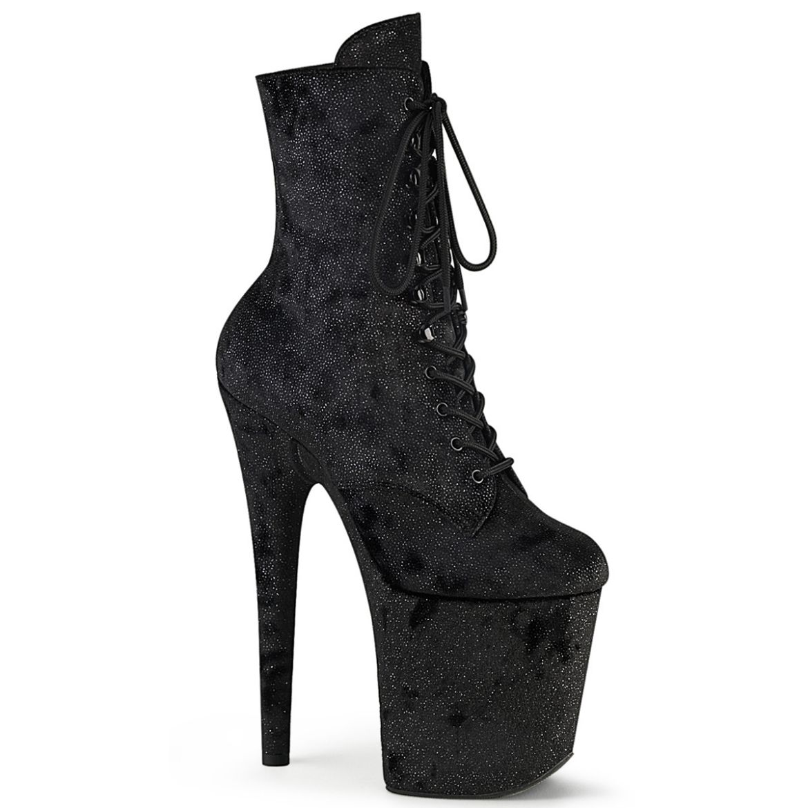 Product image of Pleaser FLAMINGO-1020WR Blk Shimmering Fabric/Blk 8 Inch Heel 4 Inch PF Lace-Up Front Ankle Boot Side Zip
